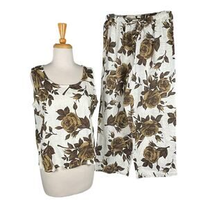 Hot Cotton 100% Linen White Green Rose Twin Set Small Tank High Waisted Pants